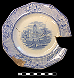 Printed underglaze refined white earthenware 10-sided plate with romantic motif pattern named “University”. Printed manufacturer’s mark on reverse for John Ridgway, Staffordshire (1830-1841). Rim diameter: 7.25” from 18BC27, Feature 30.